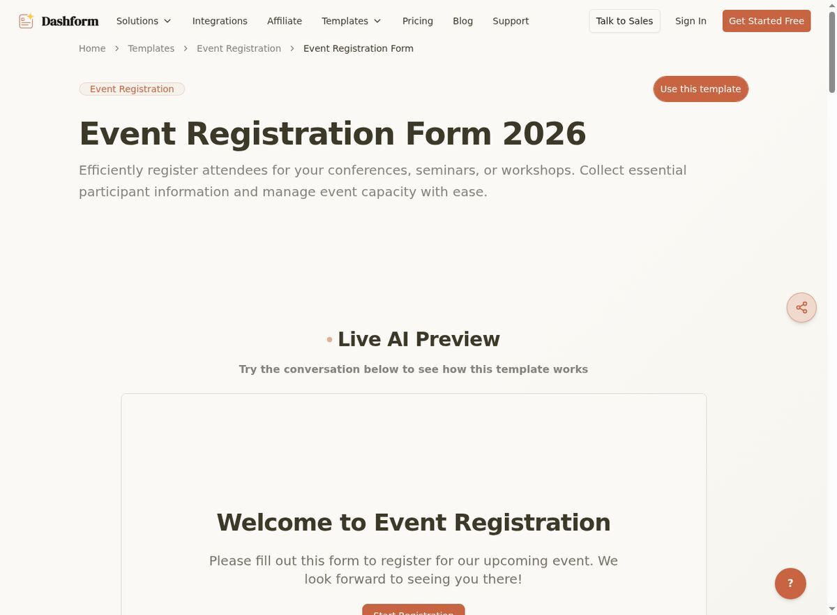 Dashform Event Registration Form template page screenshot