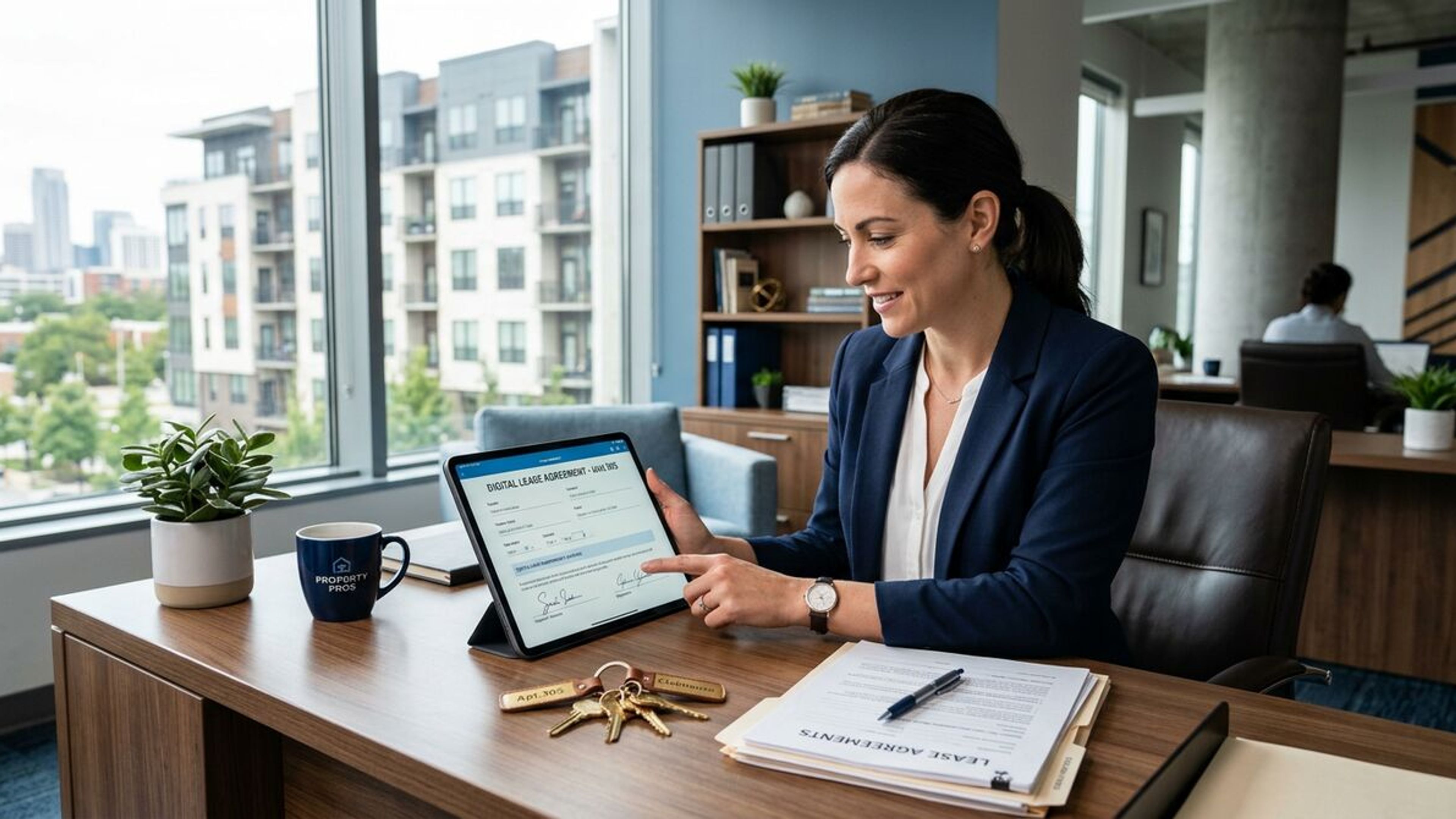 Property manager reviewing digital lease forms in modern office