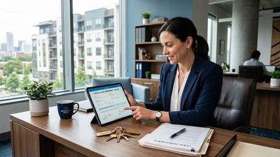 Property manager reviewing digital lease forms in modern office