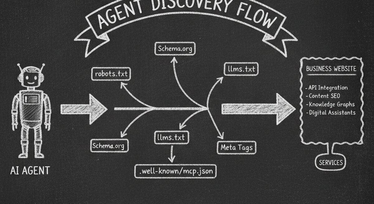 Chalkboard illustration showing AI agent discovery flow through multiple channels
