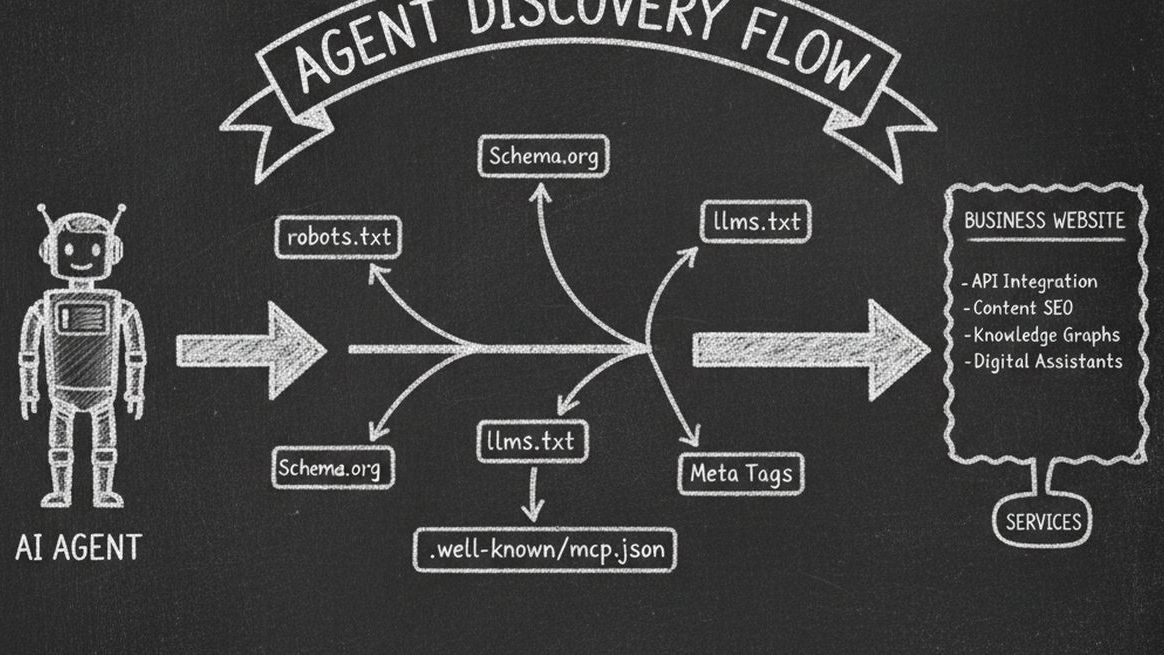 Chalkboard illustration showing AI agent discovery flow through multiple channels