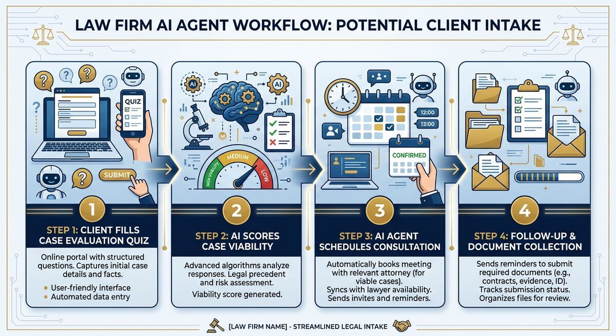OpenClaw AI agent law firm workflow showing case quiz, automated scoring, attorney routing, and document collection
