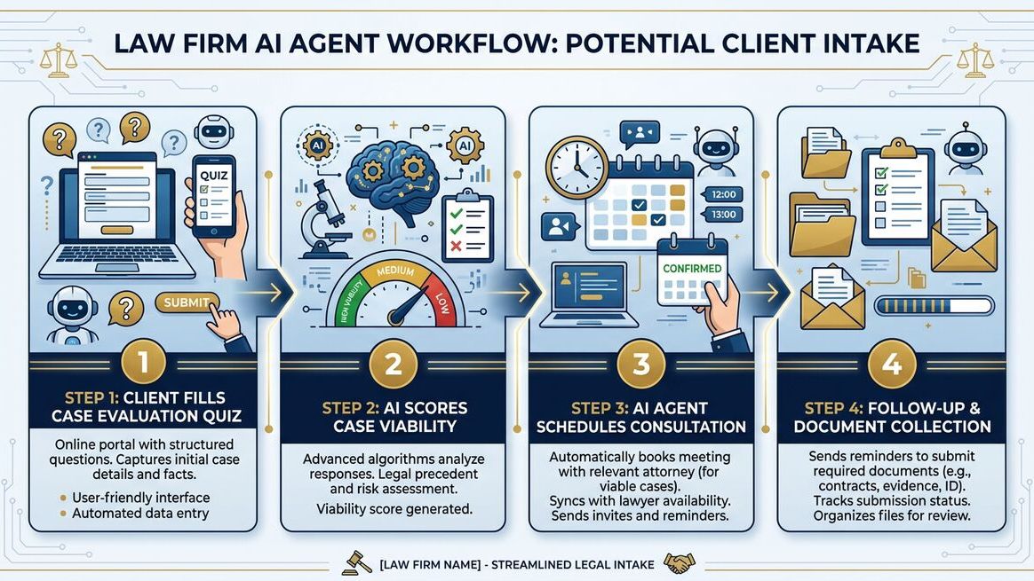OpenClaw AI agent law firm workflow showing case quiz, automated scoring, attorney routing, and document collection