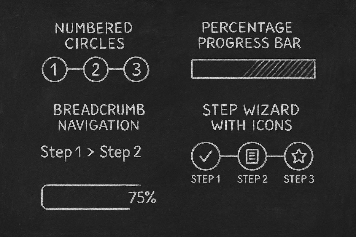 Chalkboard illustration showing four different progress indicator designs: numbered circles, percentage bar, breadcrumb navigation, and step wizard