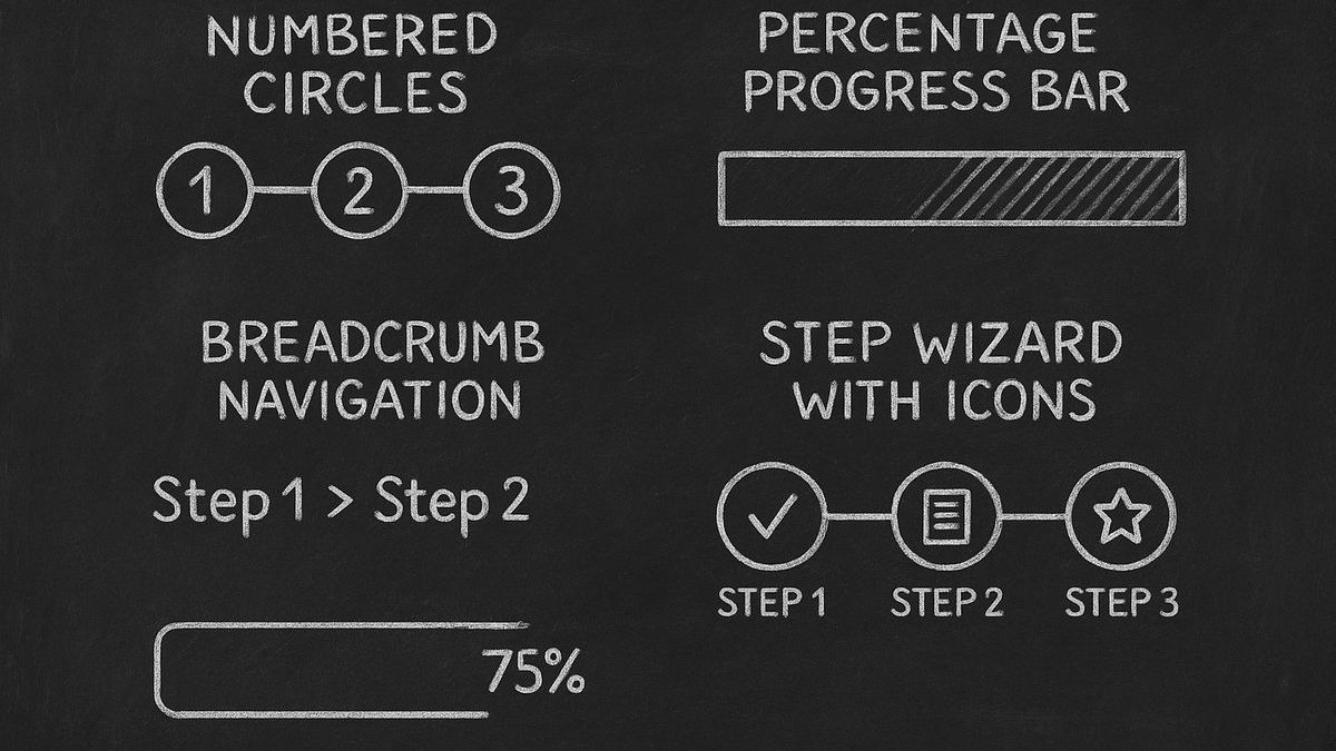 Chalkboard illustration showing four different progress indicator designs: numbered circles, percentage bar, breadcrumb navigation, and step wizard