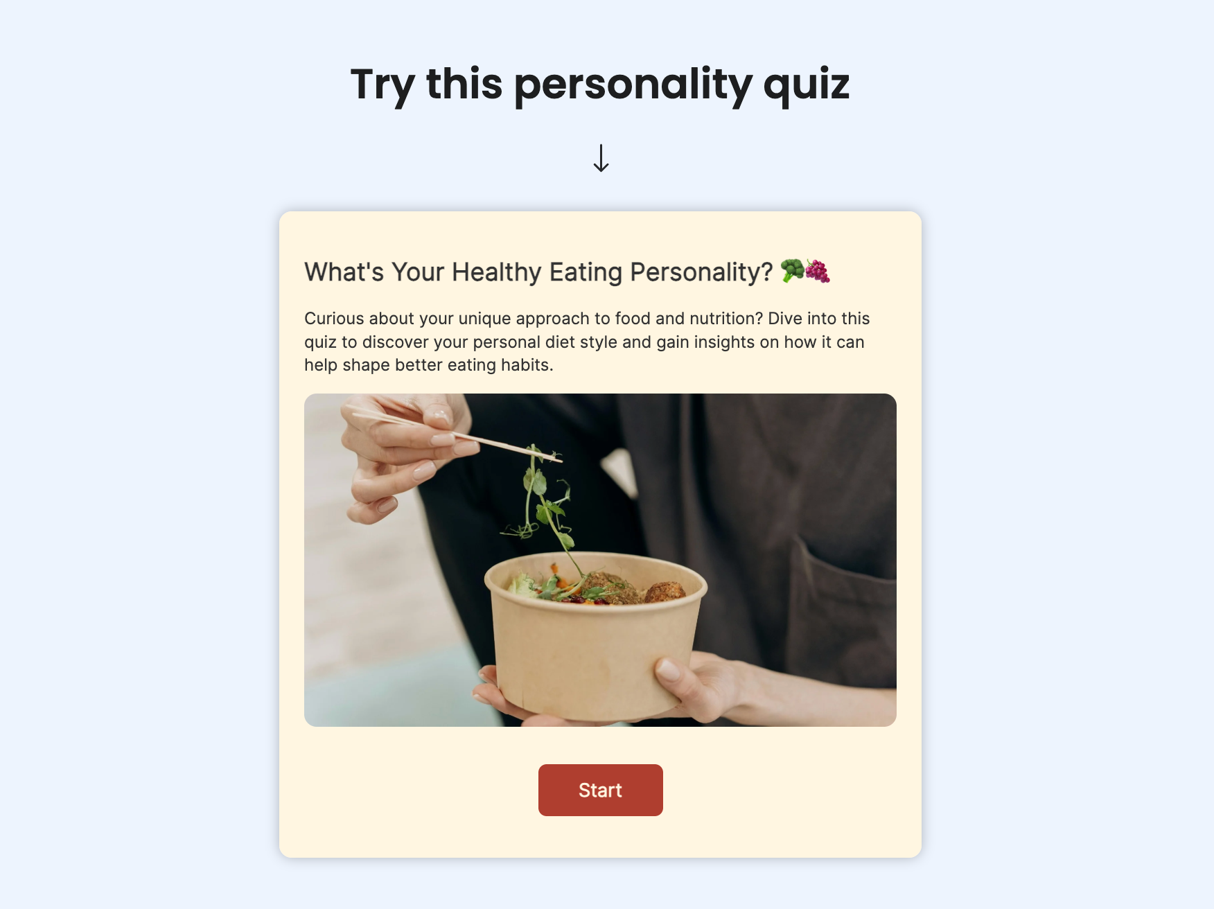 A personality quiz page titled "What's Your Healthy Eating Personality?" showing a person eating a salad with chopsticks, and a "Start" button.