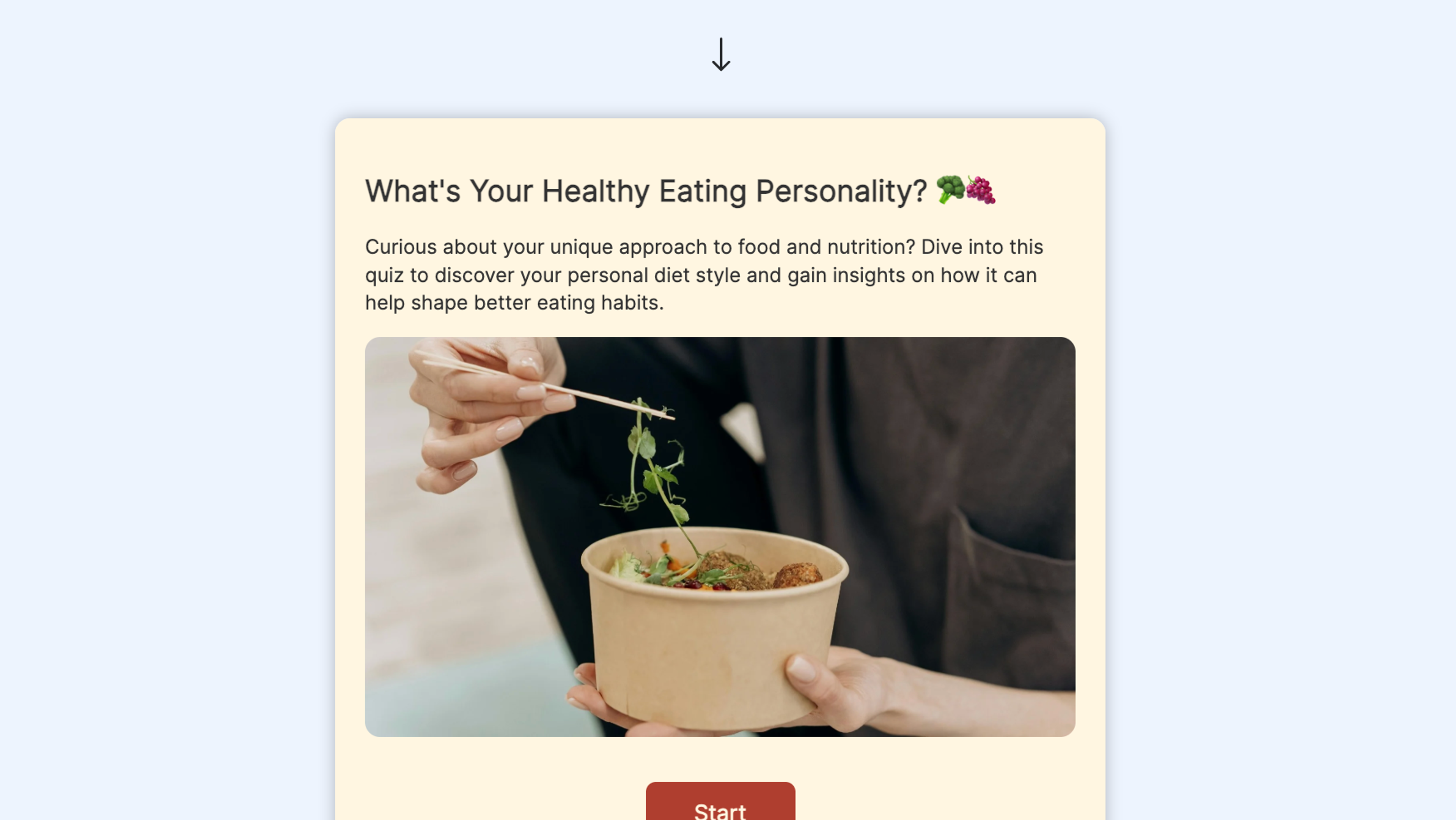 A personality quiz page titled "What's Your Healthy Eating Personality?" showing a person eating a salad with chopsticks, and a "Start" button.