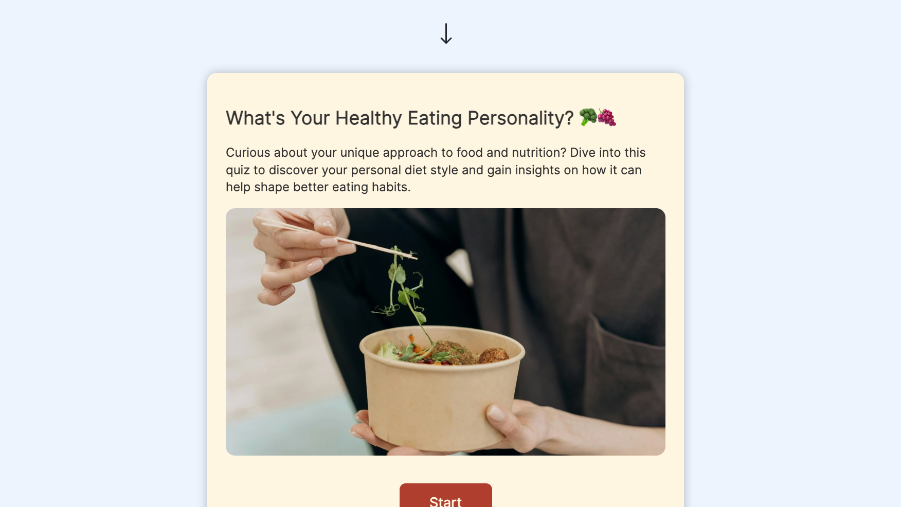 A personality quiz page titled "What's Your Healthy Eating Personality?" showing a person eating a salad with chopsticks, and a "Start" button.