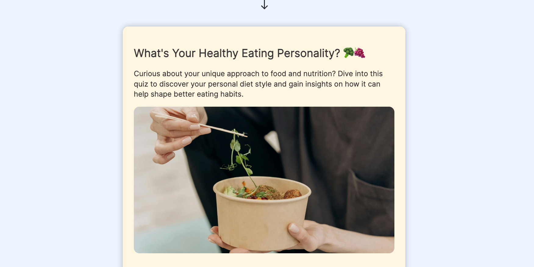 A personality quiz page titled "What's Your Healthy Eating Personality?" showing a person eating a salad with chopsticks, and a "Start" button.