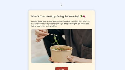 A personality quiz page titled "What's Your Healthy Eating Personality?" showing a person eating a salad with chopsticks, and a "Start" button.