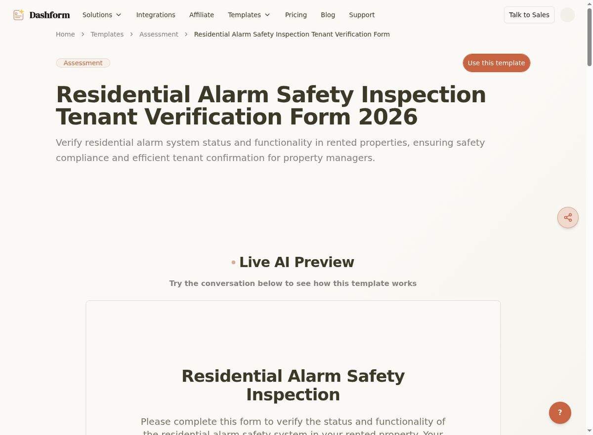 Dashform Smoke and CO Alarm Testing Record template page screenshot