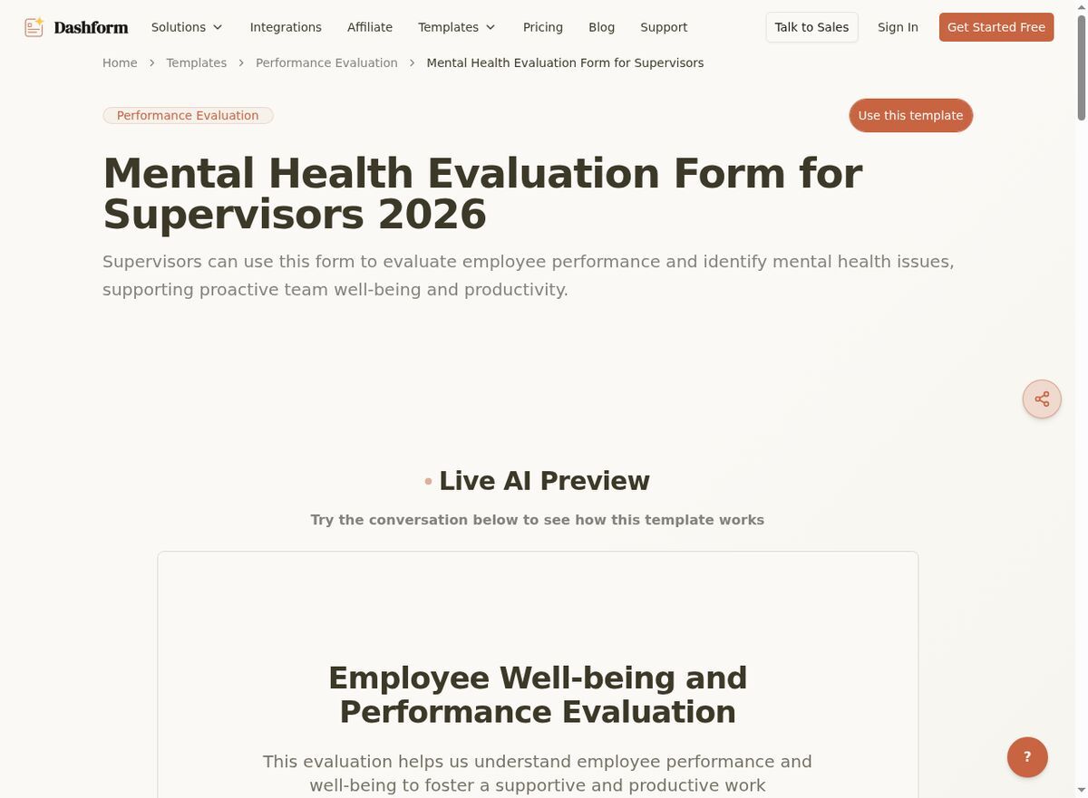 Dashform Mental Health Evaluation Form template page screenshot