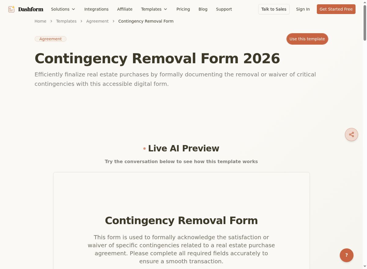 Dashform Contingency Removal Form template page screenshot