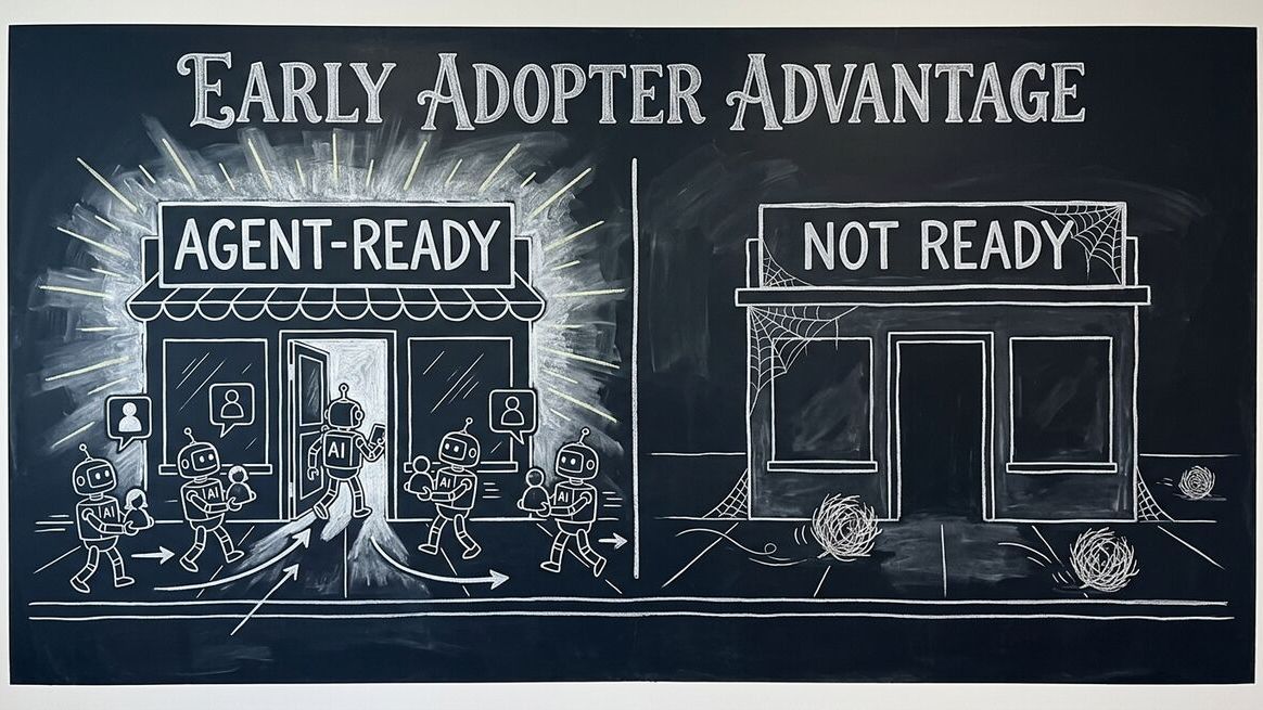 Two businesses side by side: agent-ready business glowing with AI agent customers versus not-ready business dark and empty