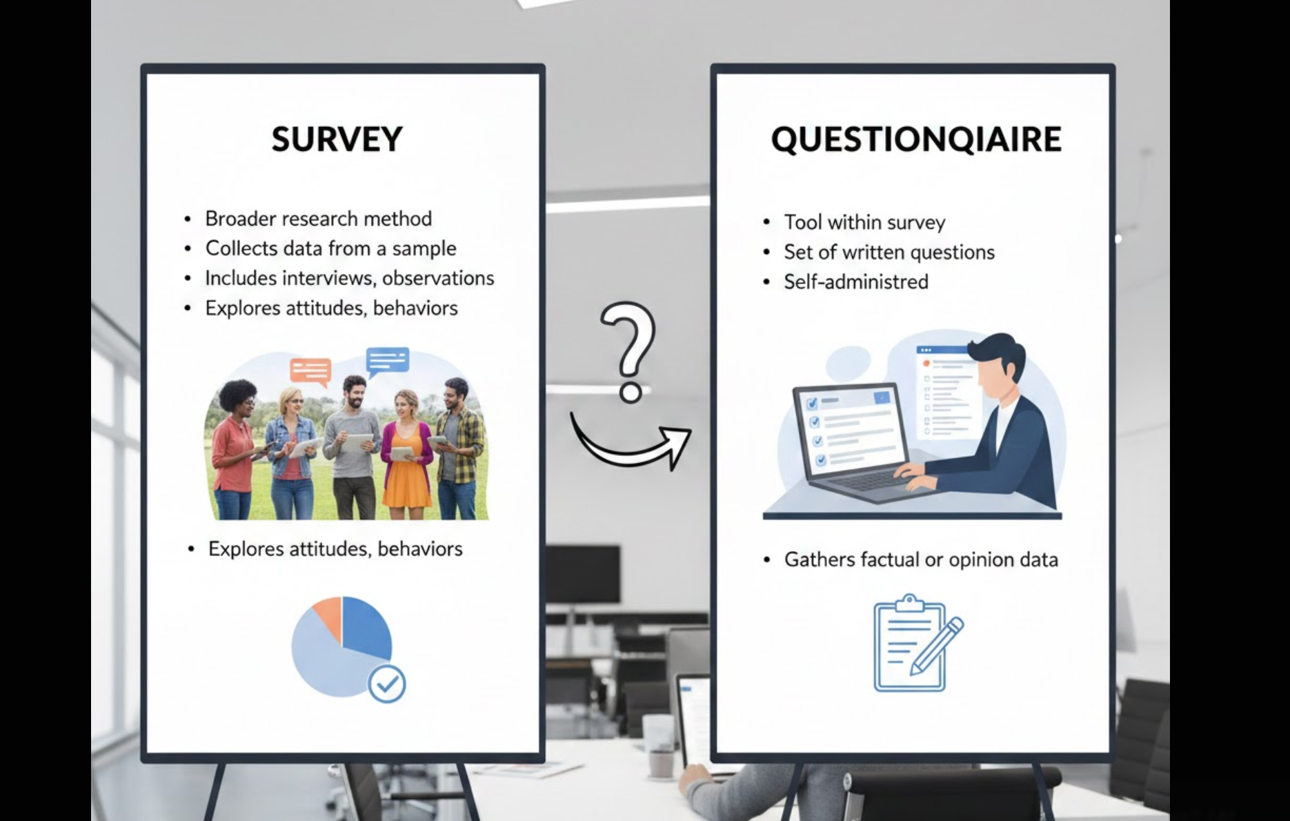 A comparison chart on two posters differentiating "Survey" as a broad research method from "Questionnaire" as a self-administered tool within a survey.