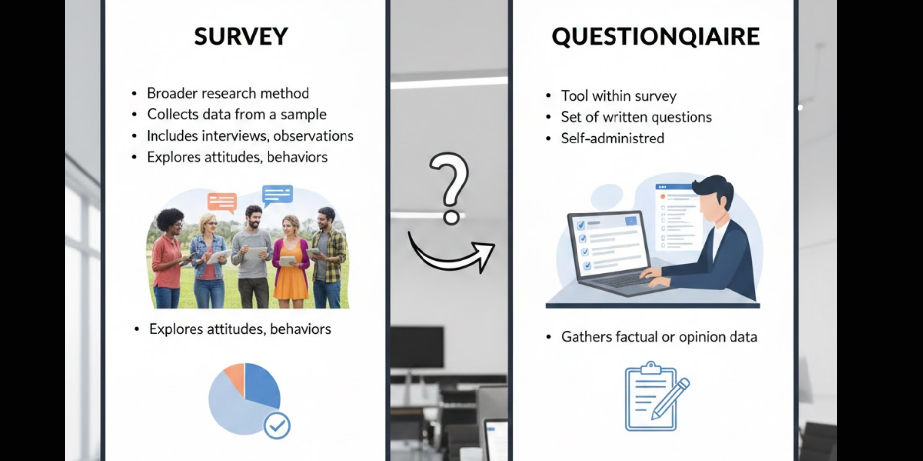 A comparison chart on two posters differentiating "Survey" as a broad research method from "Questionnaire" as a self-administered tool within a survey.