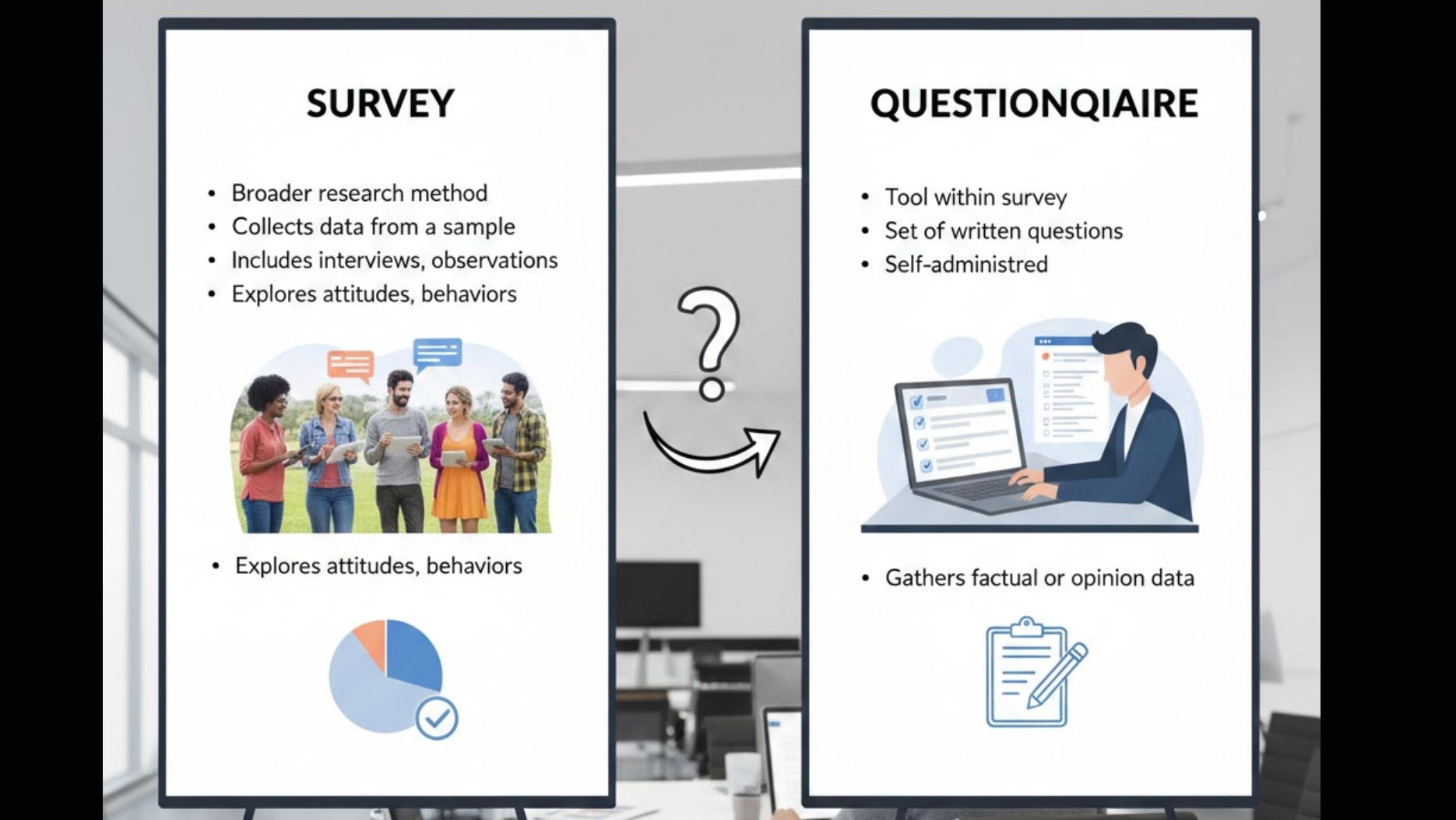 A comparison chart on two posters differentiating "Survey" as a broad research method from "Questionnaire" as a self-administered tool within a survey.