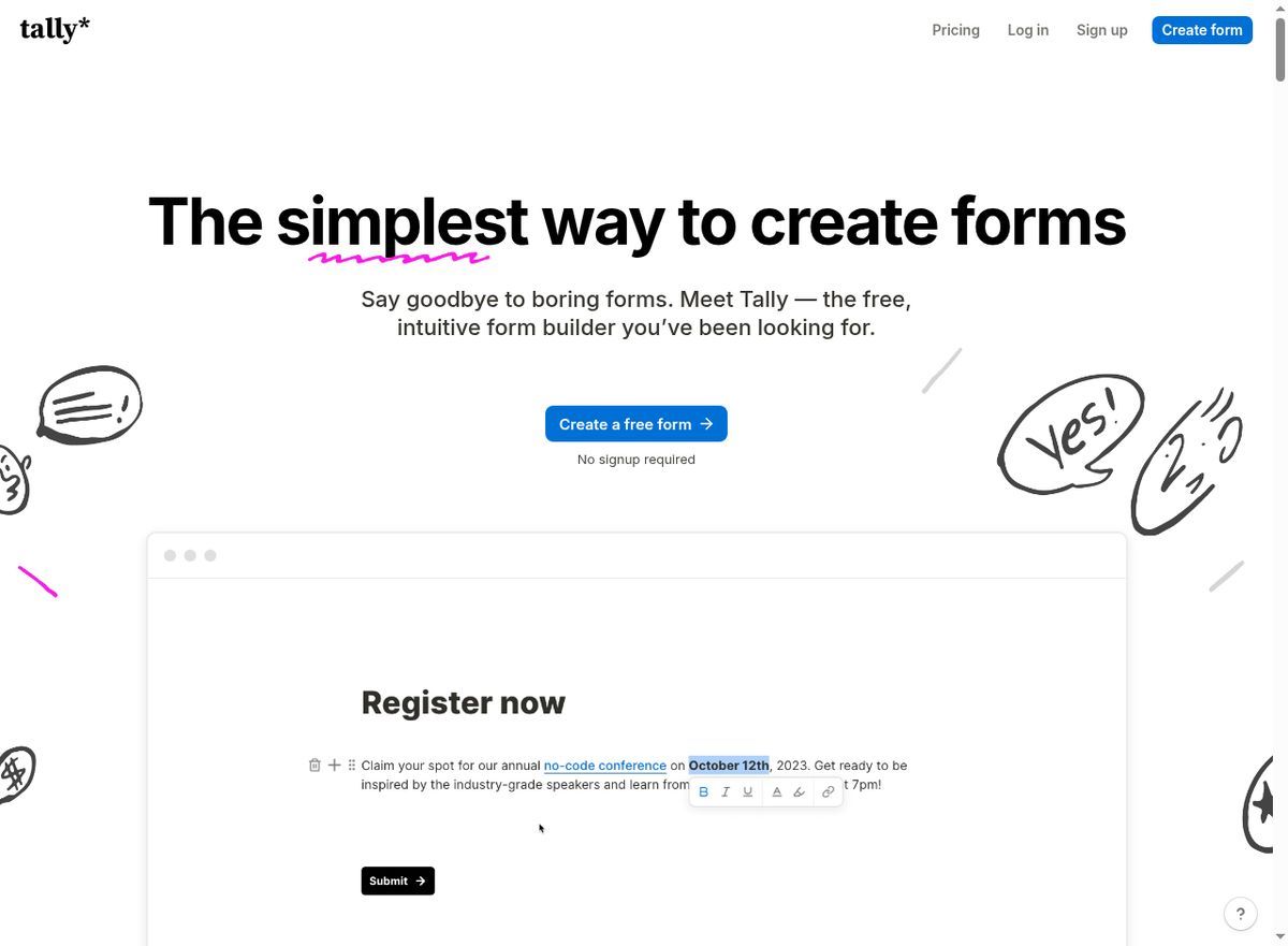 Tally homepage — free form builder with unlimited forms