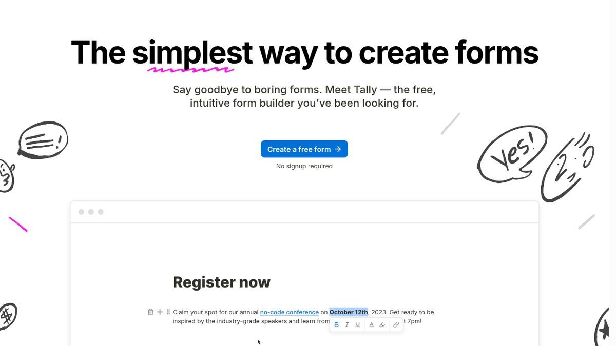 Tally homepage — free form builder with unlimited forms