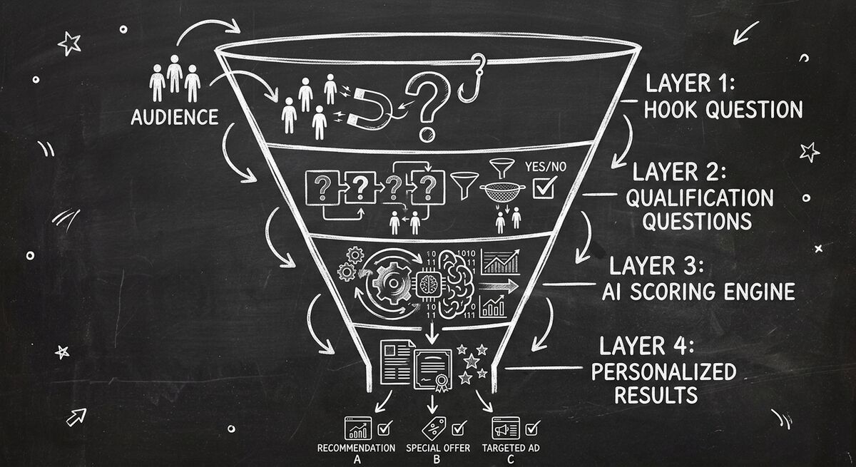 Anatomy of a quiz funnel showing 4 layers from hook question to personalized results