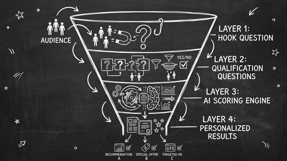 Anatomy of a quiz funnel showing 4 layers from hook question to personalized results
