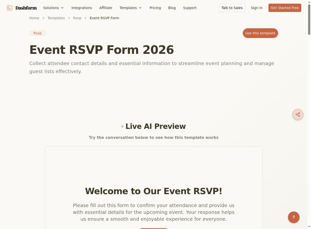 Dashform Event RSVP Form template page screenshot