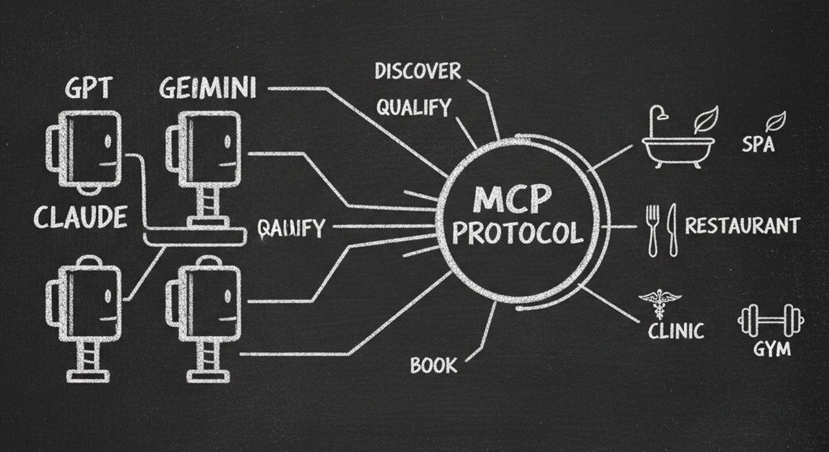 Chalkboard illustration showing AI agents connecting to businesses through MCP protocol hub with discover qualify and book data flows