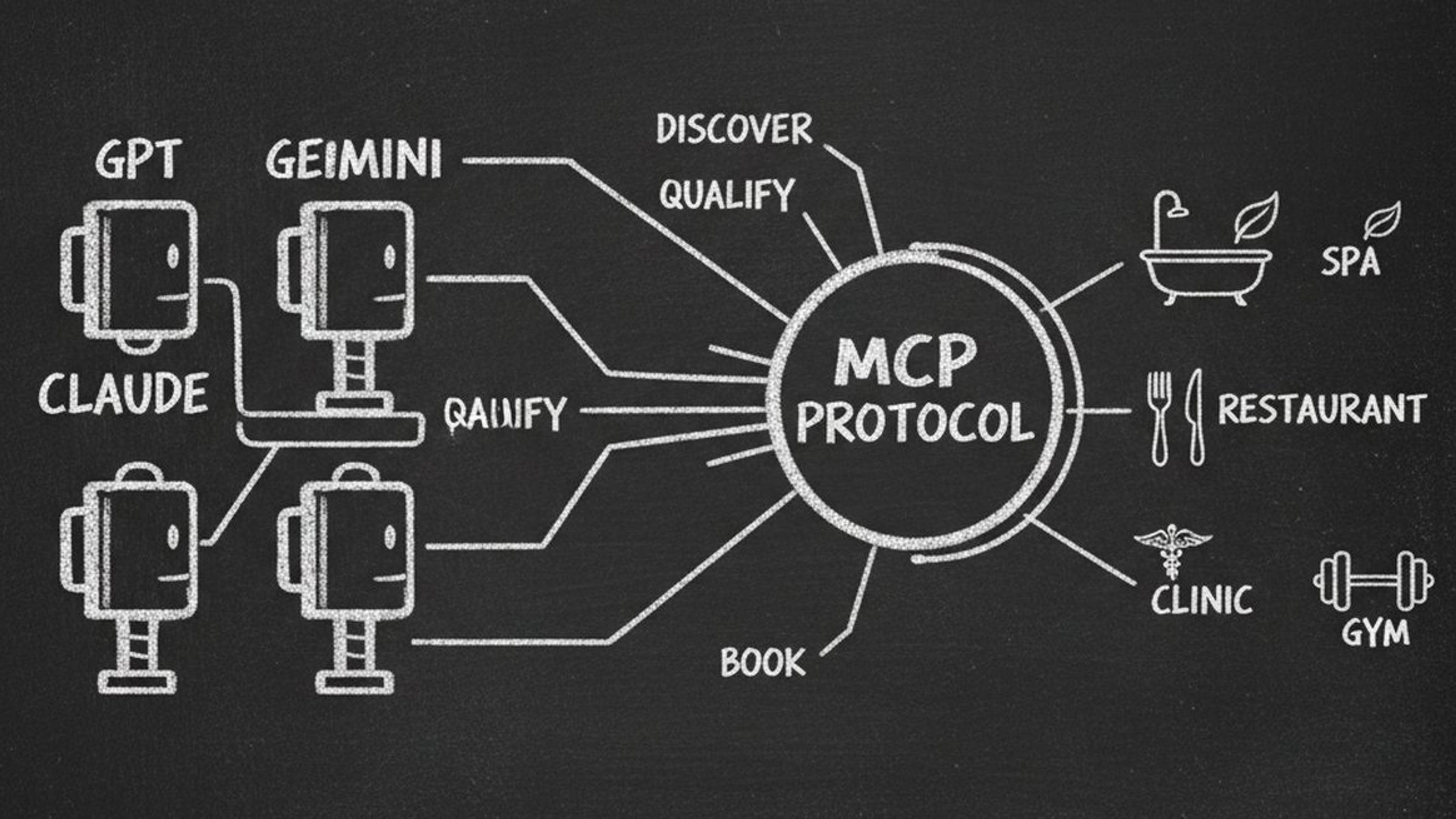 Chalkboard illustration showing AI agents connecting to businesses through MCP protocol hub with discover qualify and book data flows