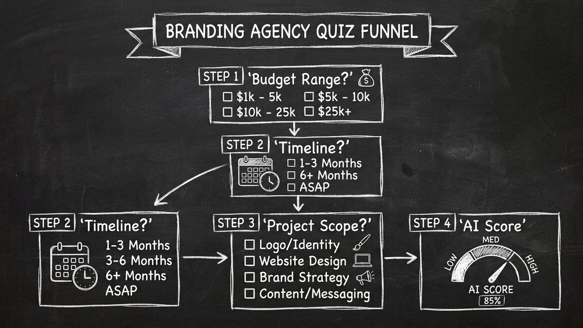 Qualification quiz flow showing budget, timeline, scope and AI scoring steps