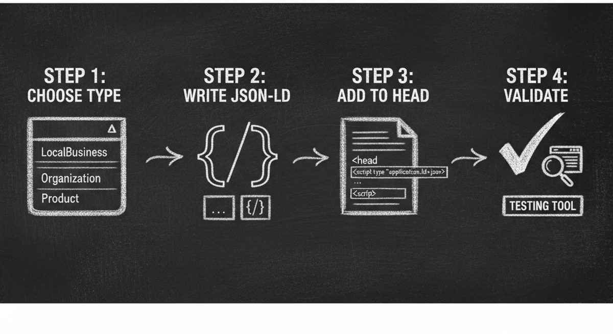 Step-by-step JSON-LD implementation flow from choosing schema type to testing