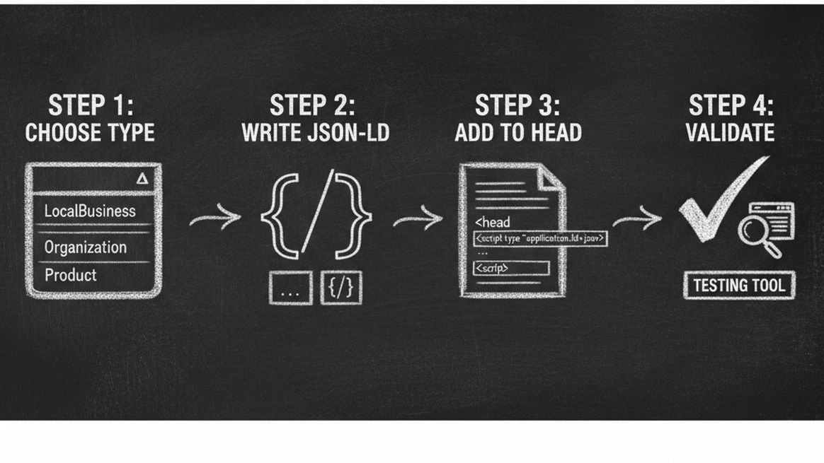 Step-by-step JSON-LD implementation flow from choosing schema type to testing