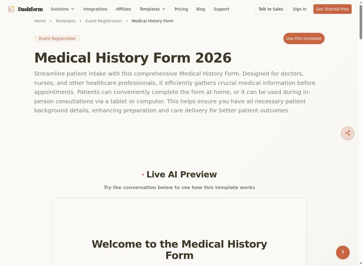 Dashform Medical History Form template page screenshot