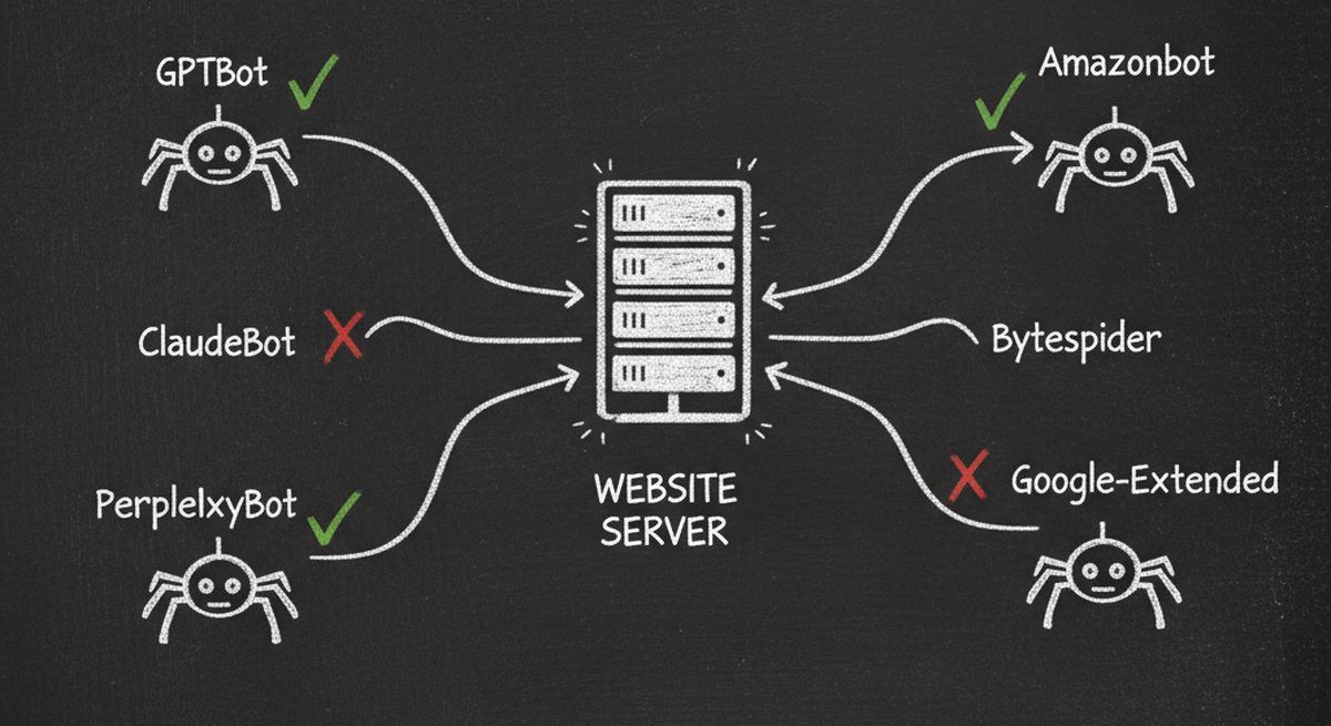Chalkboard illustration showing network of AI bot crawlers visiting a website with allow and block indicators