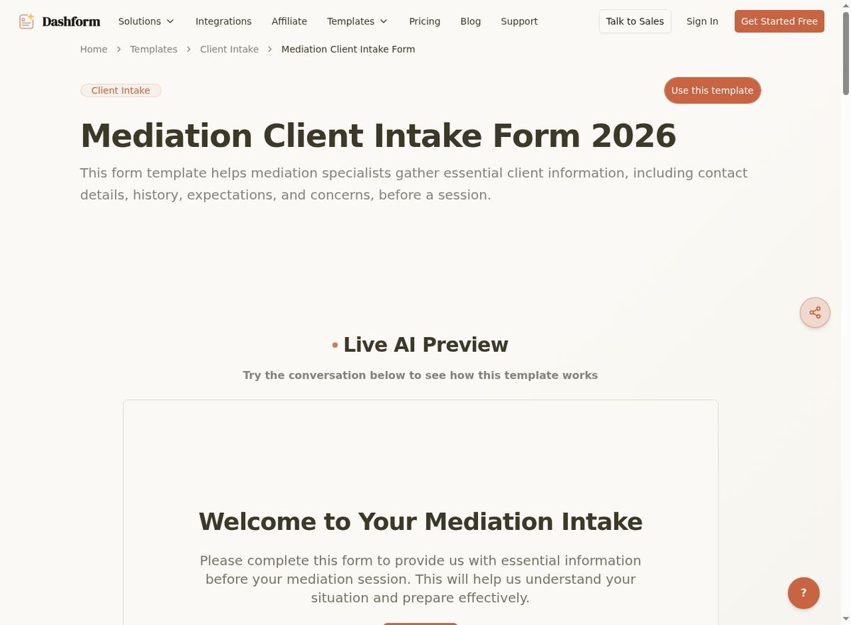 Dashform Client Intake Form template page screenshot