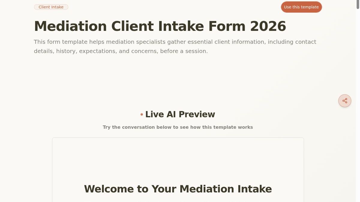 Dashform Client Intake Form template page screenshot