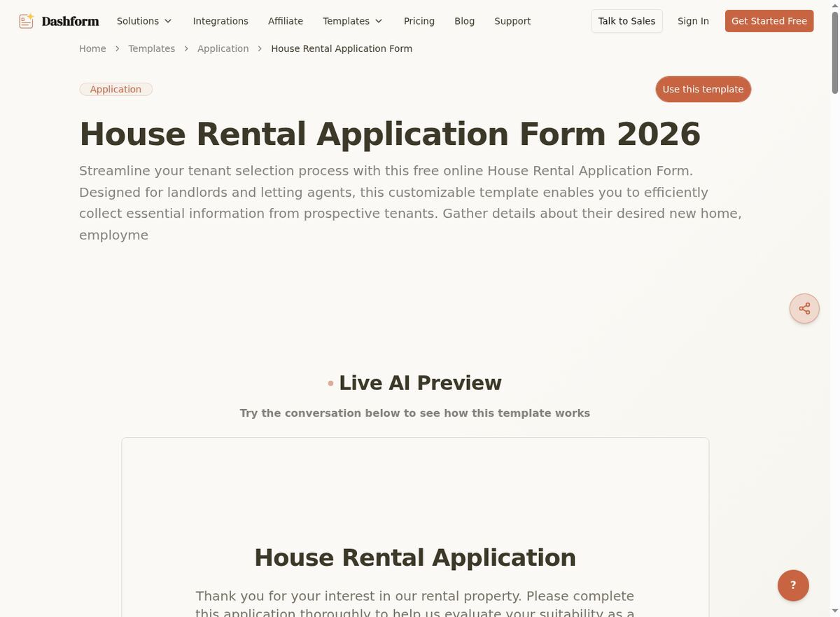 Dashform House Rental Application Form template page screenshot