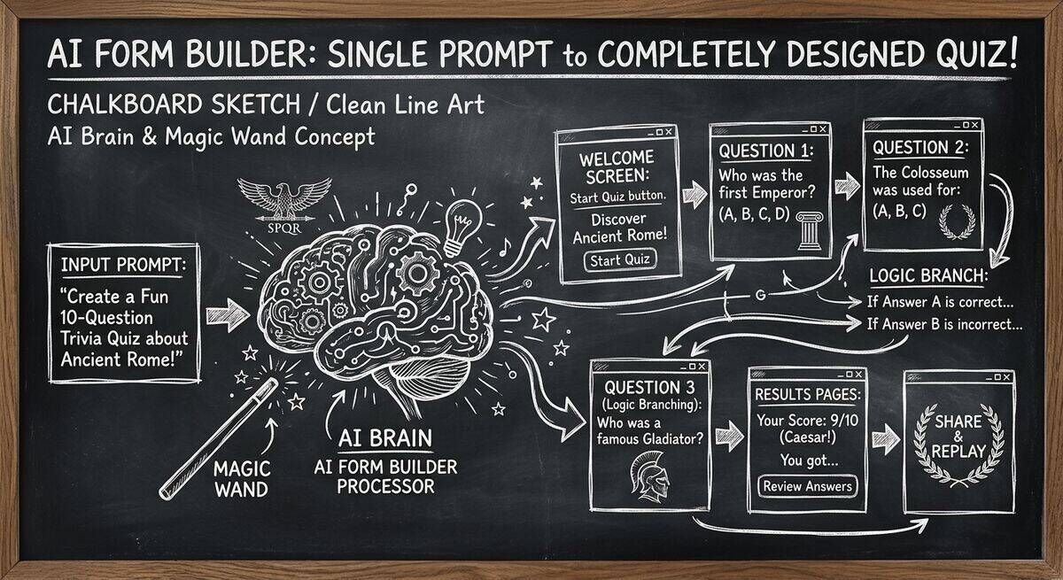 AI form builder generating a complete quiz from a single text prompt with questions and logic