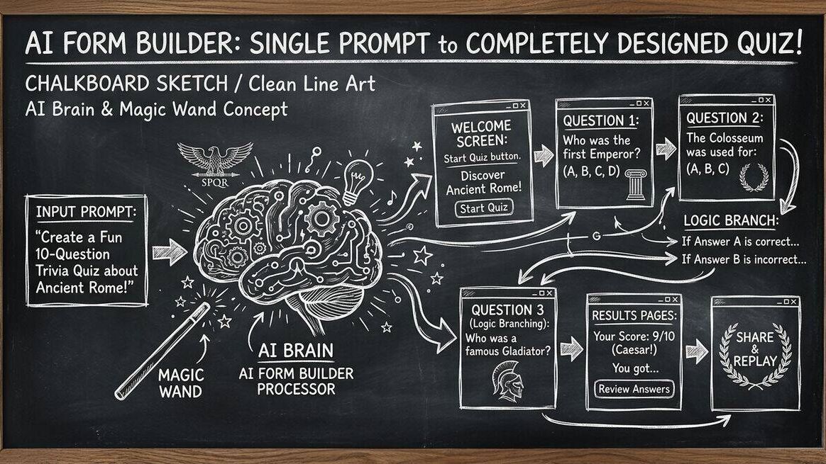 AI form builder generating a complete quiz from a single text prompt with questions and logic