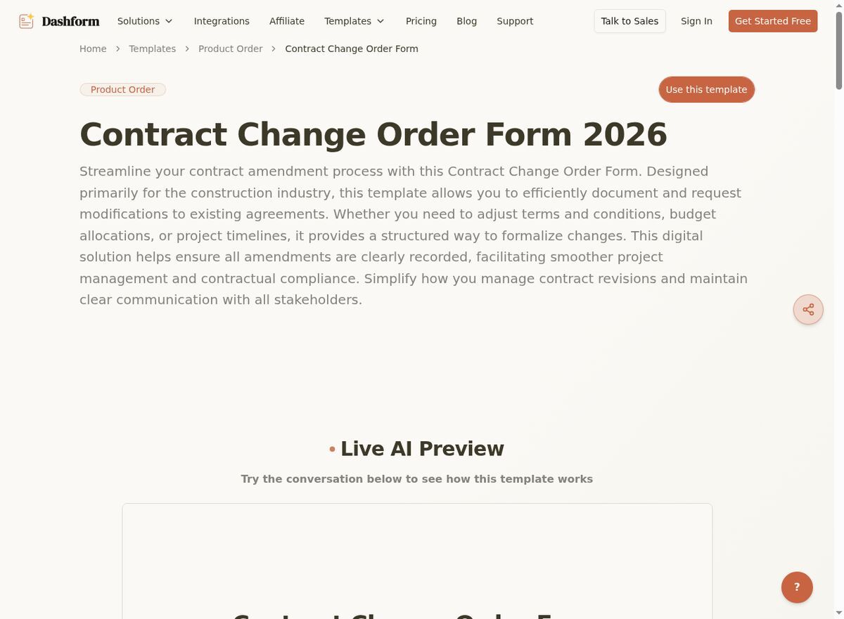 Dashform Change Order Form template page screenshot