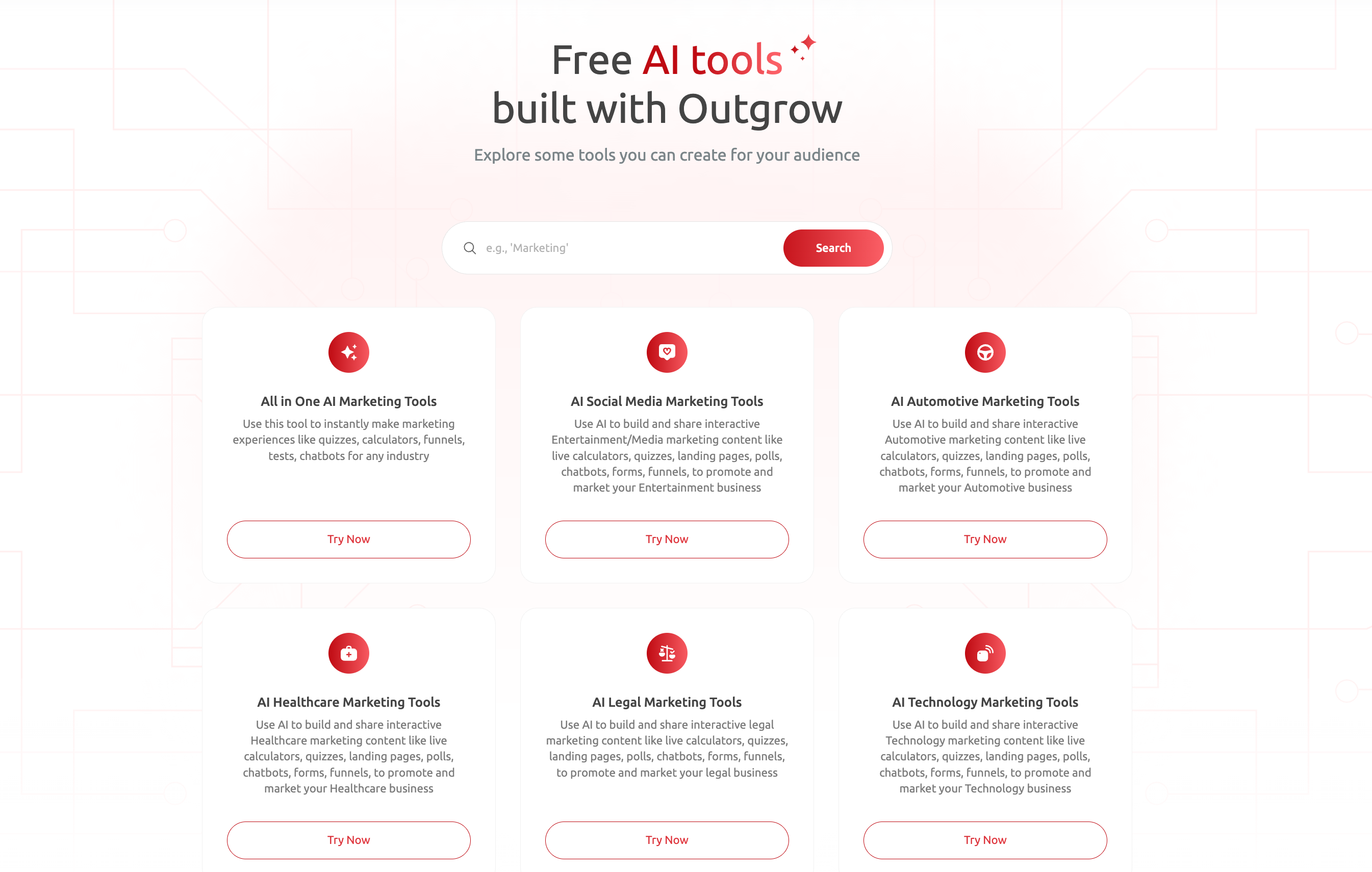 Outgrow website displaying "Free AI tools built with Outgrow" with a search bar and six categories of AI marketing tools.
