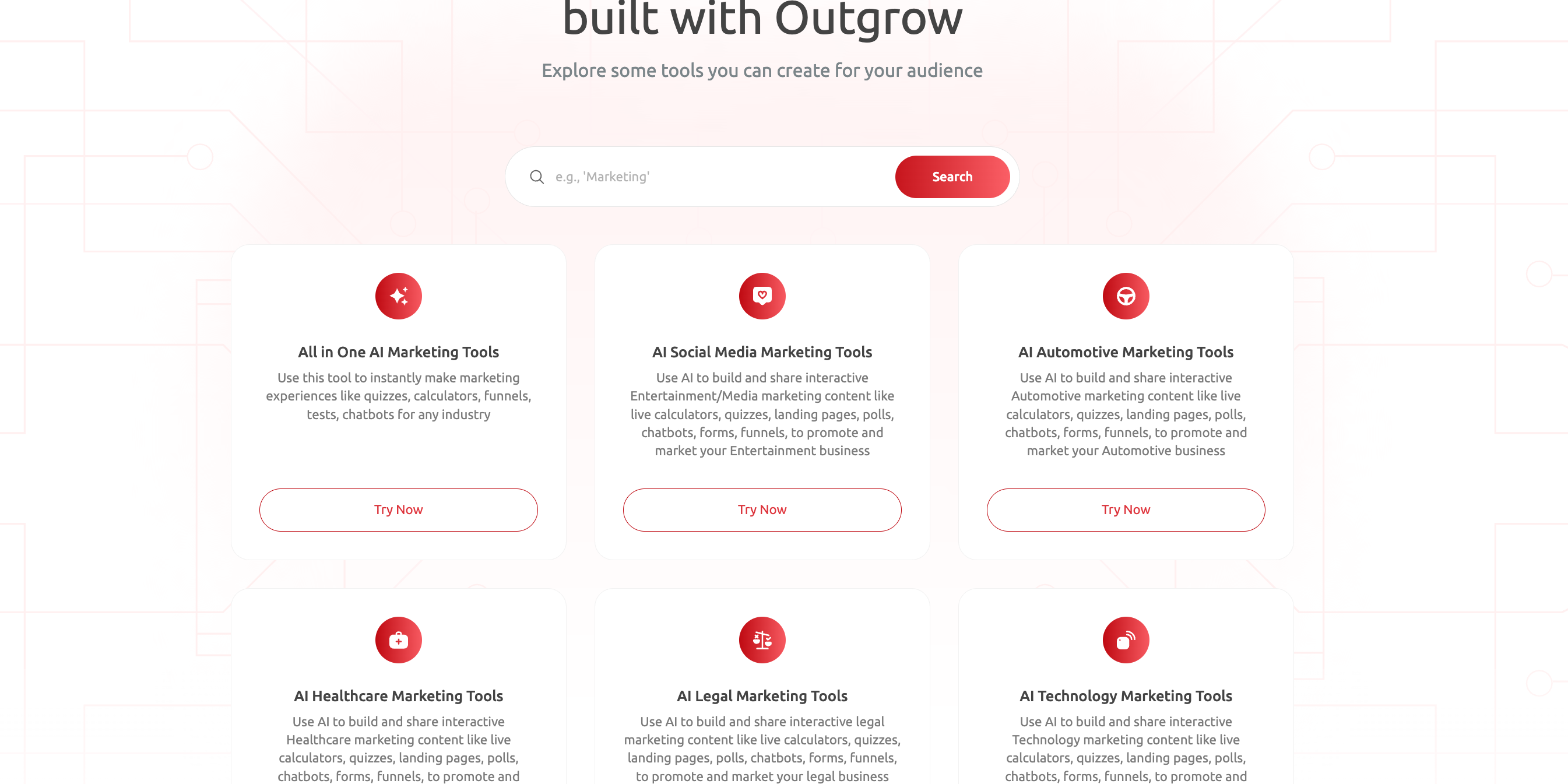 Outgrow website displaying "Free AI tools built with Outgrow" with a search bar and six categories of AI marketing tools.