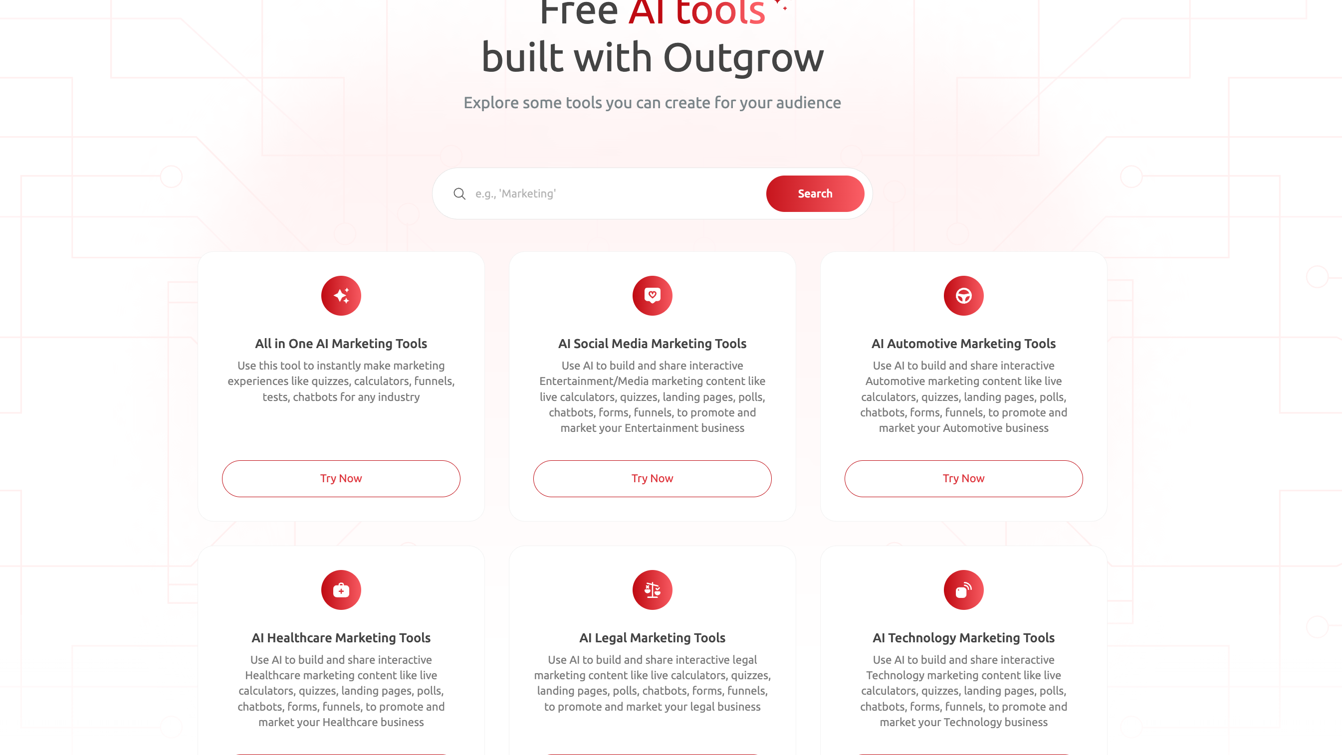 Outgrow website displaying "Free AI tools built with Outgrow" with a search bar and six categories of AI marketing tools.