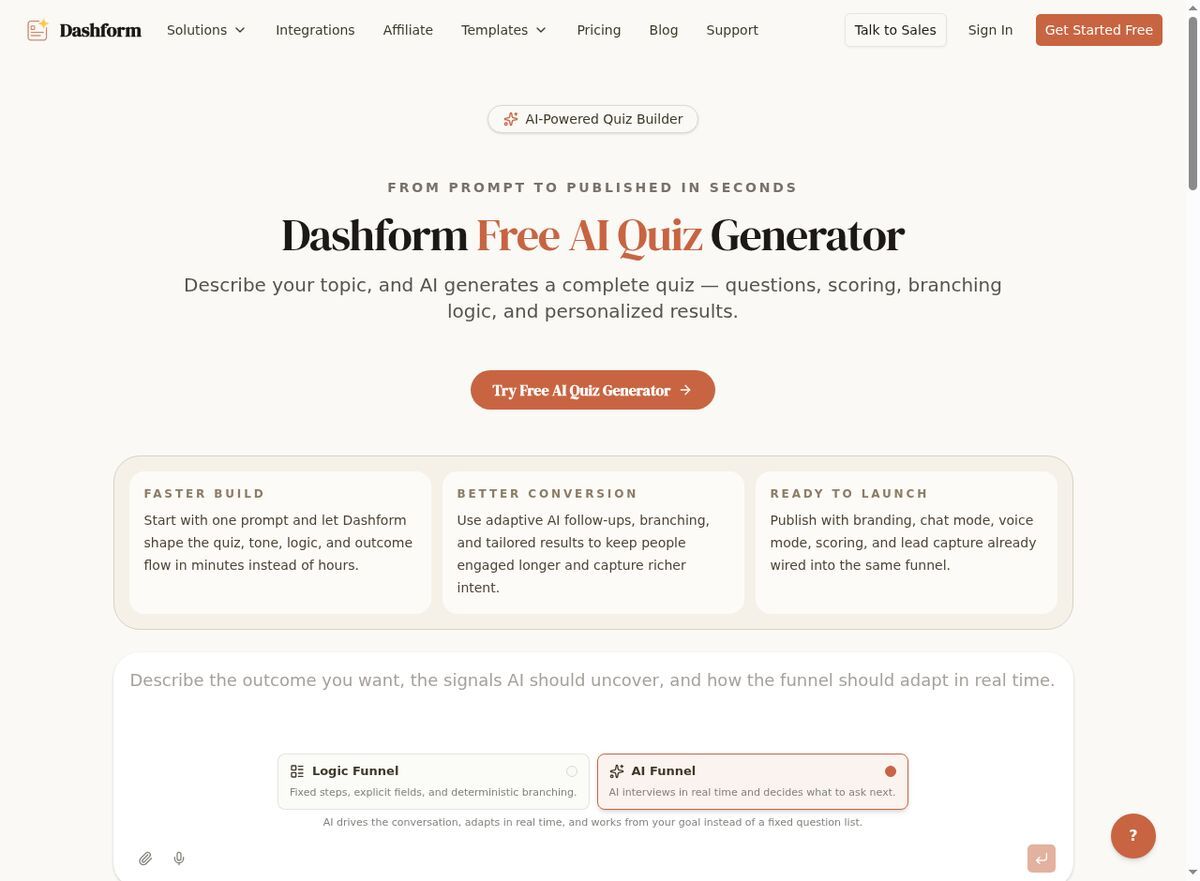 Dashform AI Quiz Generator interface for creating home service lead qualification quizzes