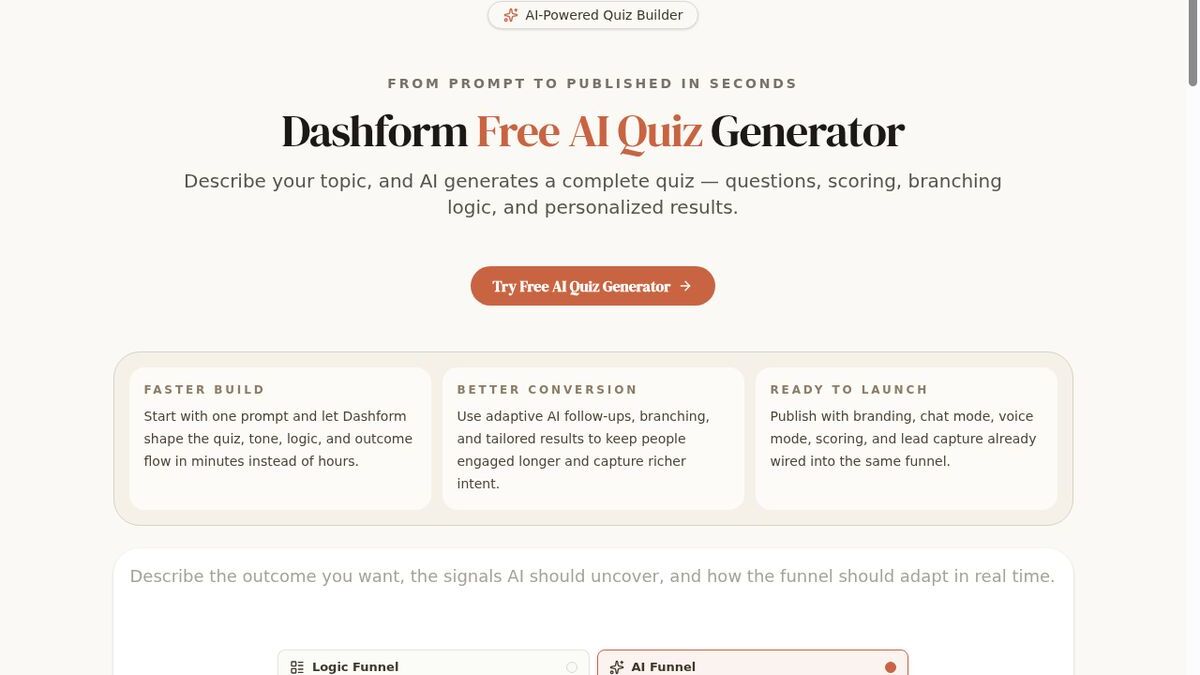 Dashform AI Quiz Generator for SaaS lead qualification and free trial conversion