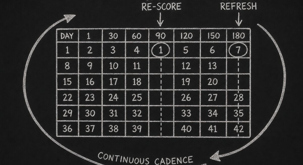 Cadence diagram showing 90-day re-score and 180-day refresh cycles