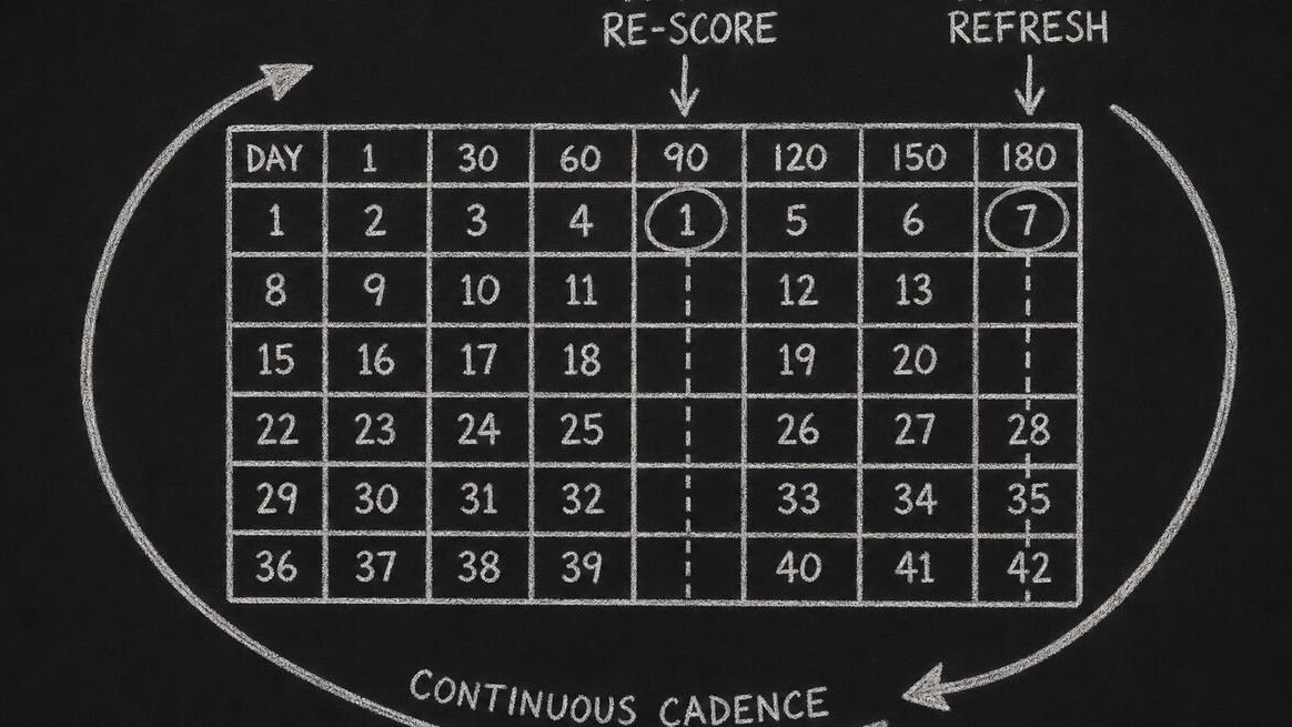 Cadence diagram showing 90-day re-score and 180-day refresh cycles