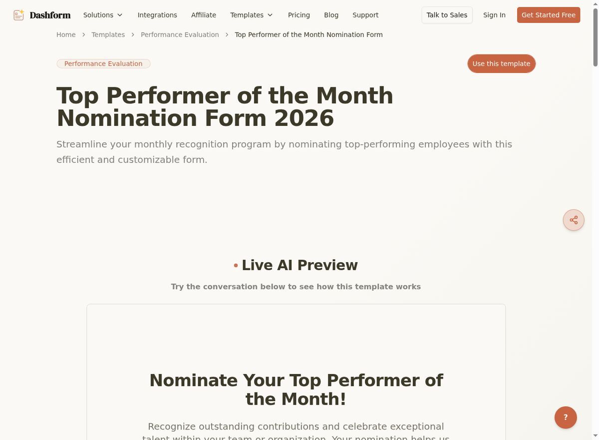 Dashform Employee Recognition Nomination Form template page screenshot