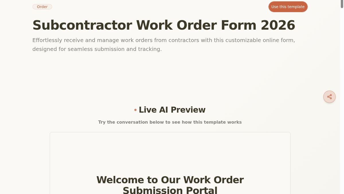 Dashform Subcontractor Work Order Form template page screenshot