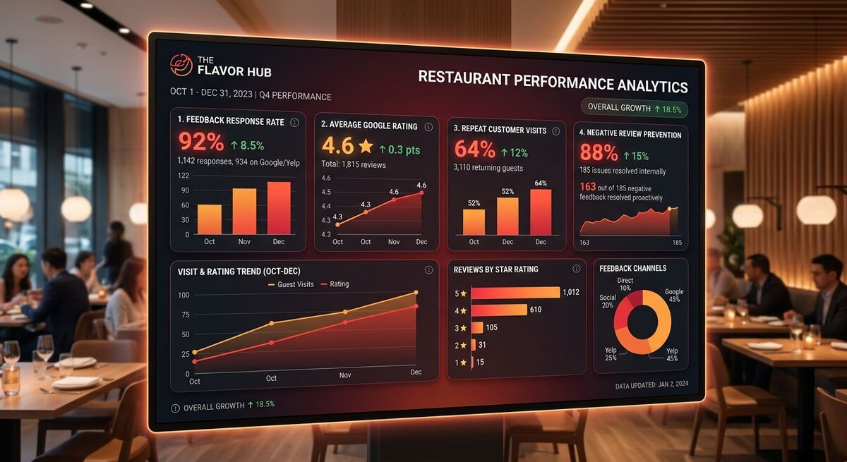Dashboard showing restaurant performance improvements with AI-powered customer feedback collection