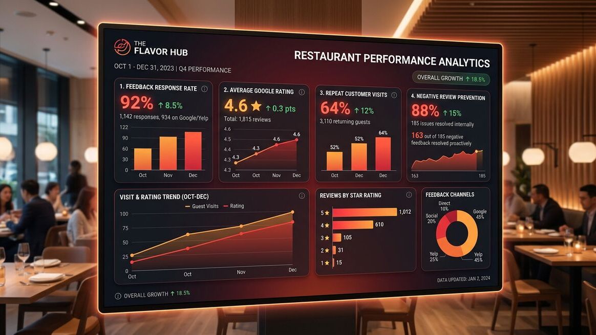 Dashboard showing restaurant performance improvements with AI-powered customer feedback collection